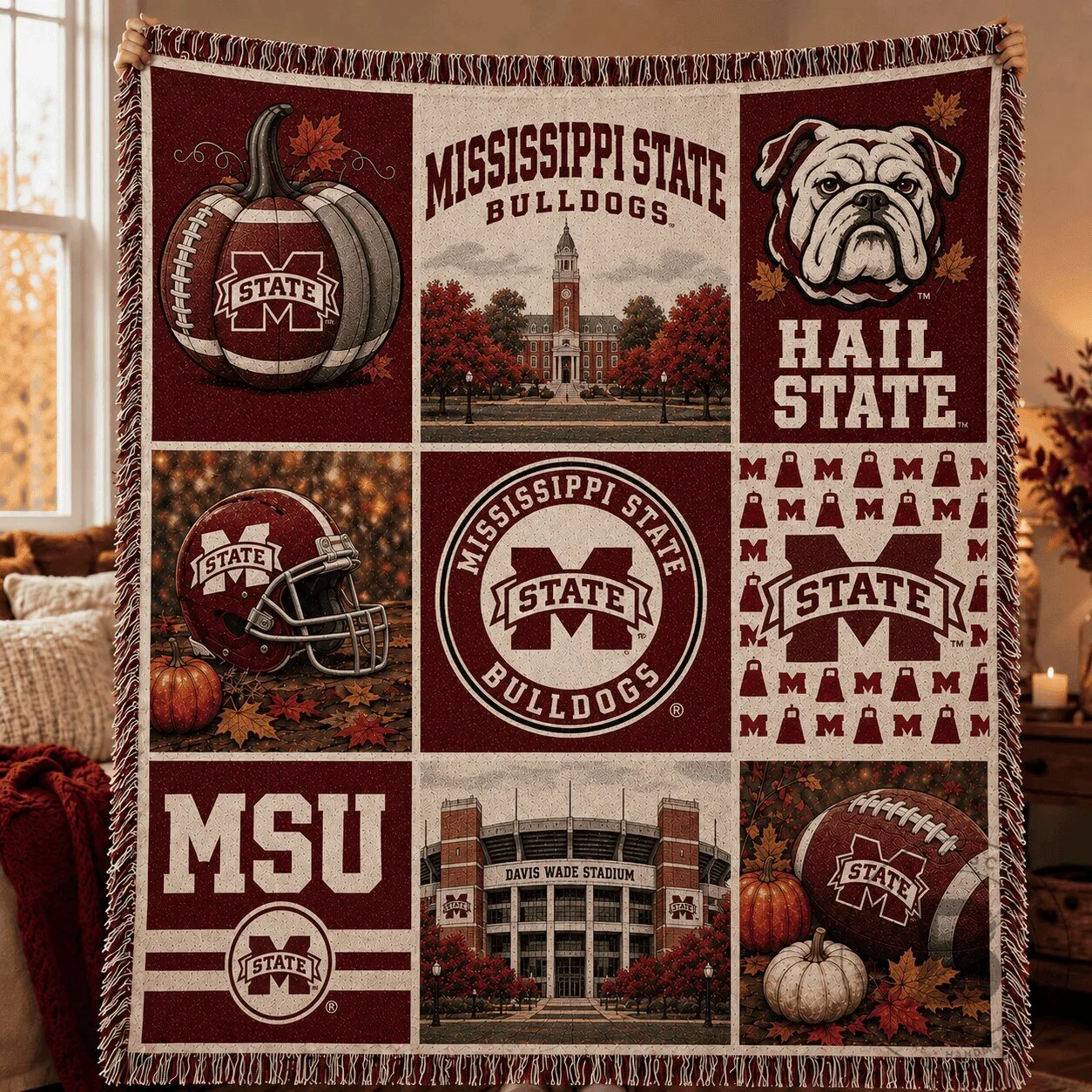 Mississippi State Bulldogs Football Fall Autumn Season Woven Blanket